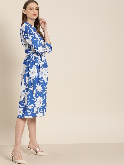 

her by invictus Women Blue & White Floral Printed Fit and Flare Dress