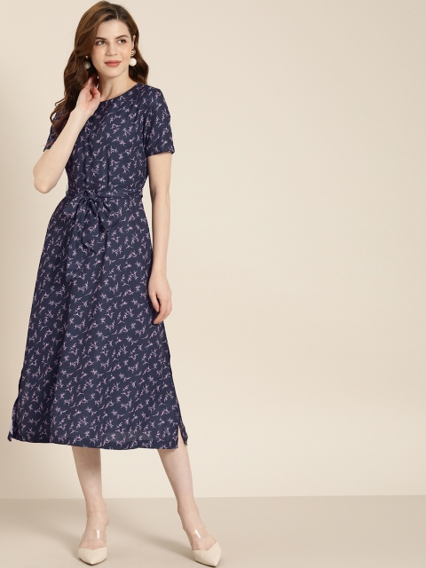 

her by invictus Women Navy Blue Leafs Printed Fit and Flare Dress