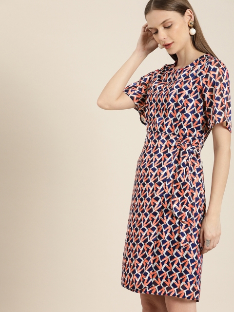 

her by invictus Women Navy Blue Printed Sheath Waist Tie-Up Dress