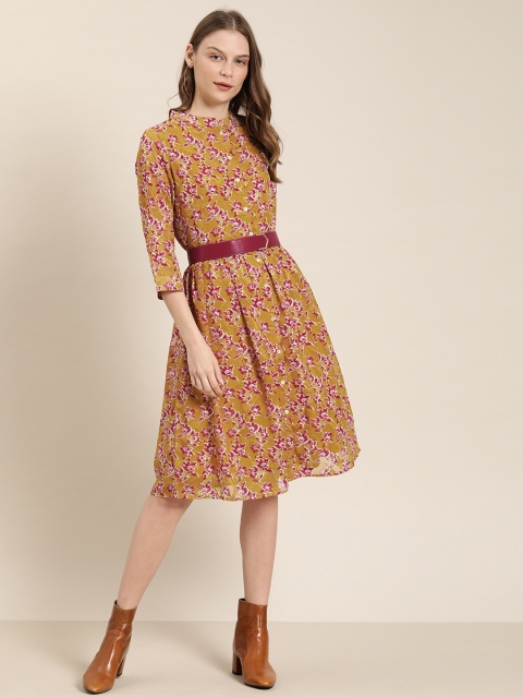 

her by invictus Women Mustard Yellow & Pink Floral Print Fit and Flare Dress