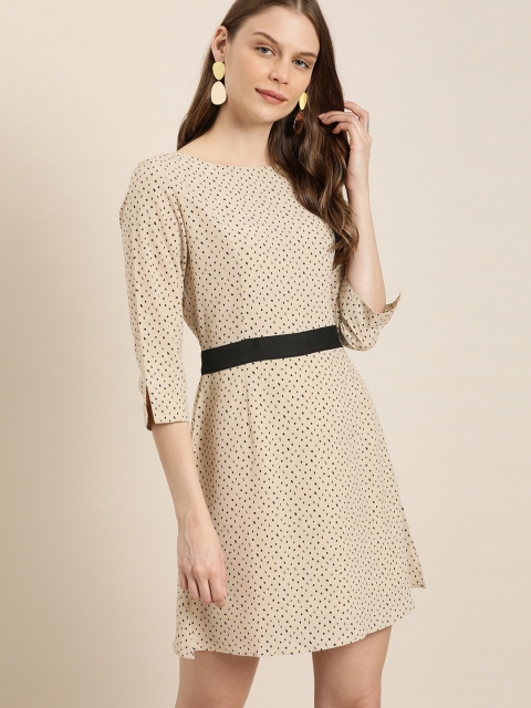 

her by invictus Women Beige & Black Printed A-Line Dress