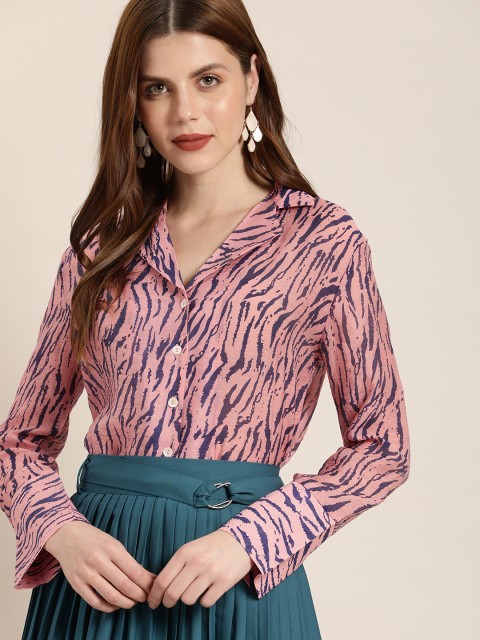 

her by invictus Women Pink & Blue Regular Fit Printed Casual Shirt