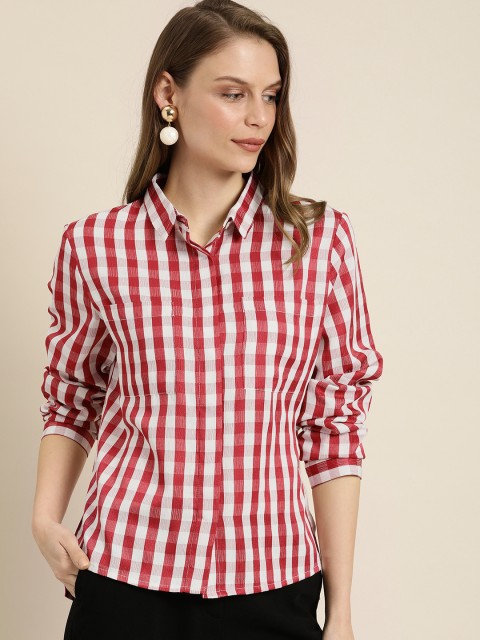 

her by invictus Women Red & White Regular Fit Checked Casual Shirt