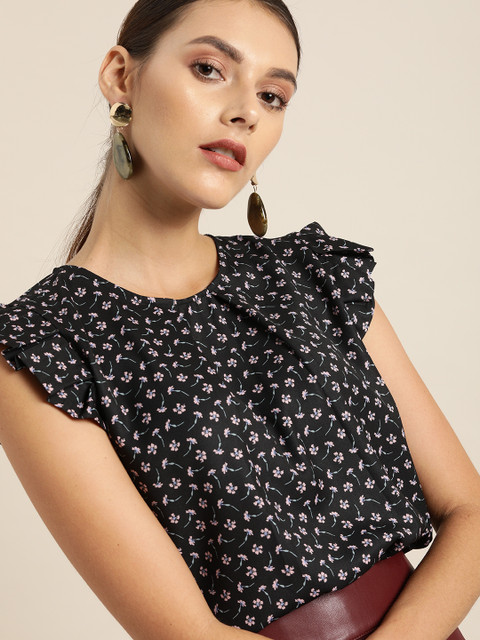 

her by invictus Women Black & Pink Printed Regular Top
