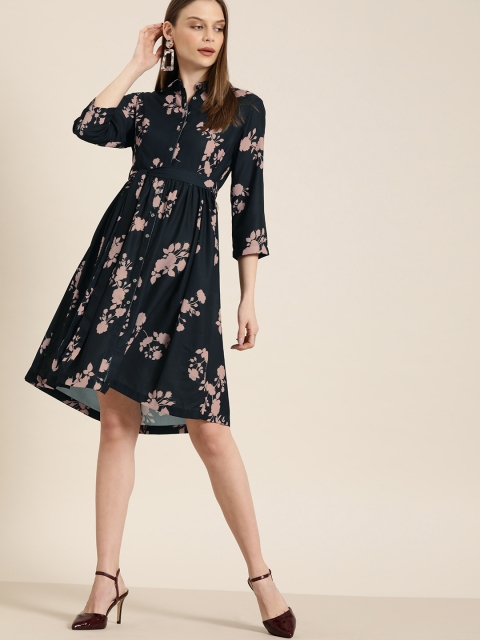 

her by invictus Women Navy Blue & Mauve Printed Fit and Flare Dress