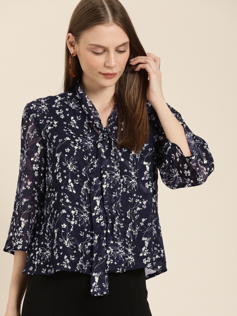 

her by invictus Women Navy Blue & White Floral Printed Regular Top