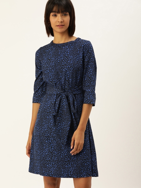 

her by invictus Women Teal Blue & Black Printed A-Line Dress with Waist Tie-Up