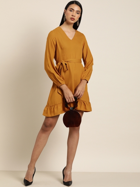 

her by invictus Women Mustard Yellow Solid Fit and Flare Dress With Ruffle Detail