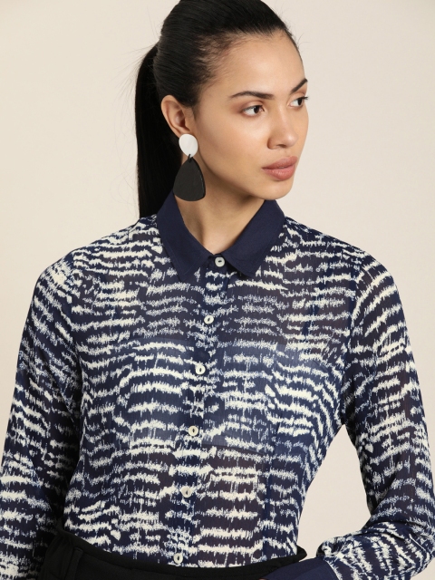 

her by invictus Women Navy Blue & Off-White Regular Fit Printed Formal Shirt