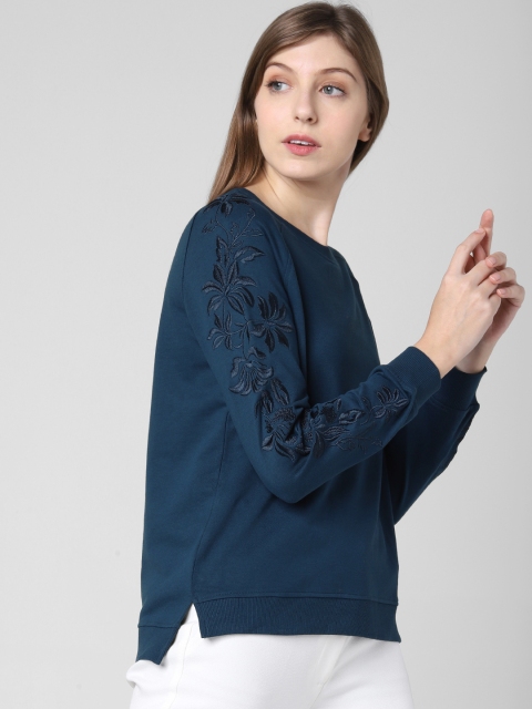 

Vero Moda Women Teal Blue Solid Embroidered Sweatshirt
