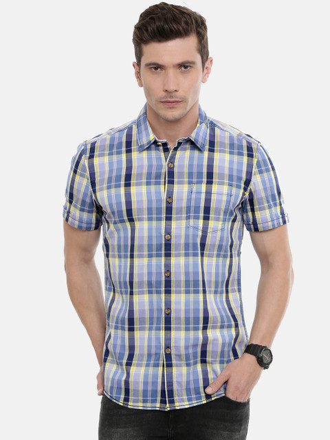 

Pepe Jeans Men Blue & Yellow Slim Fit Checked Casual Shirt