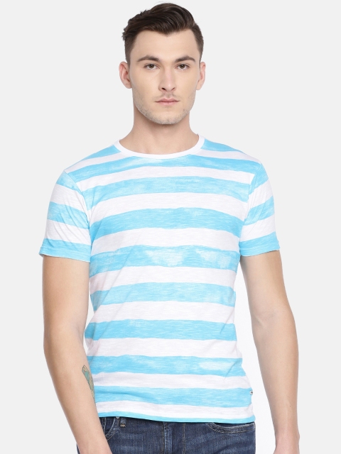 

Pepe Jeans Men Blue White Slim Fit Striped Round Neck Pure Cotton T-shirt