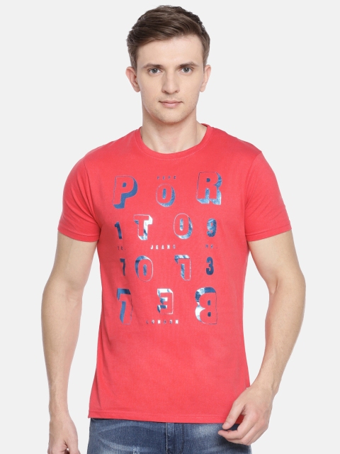 

Pepe Jeans Men Coral Pink Slim Fit Printed Round Neck Pure Cotton T-shirt