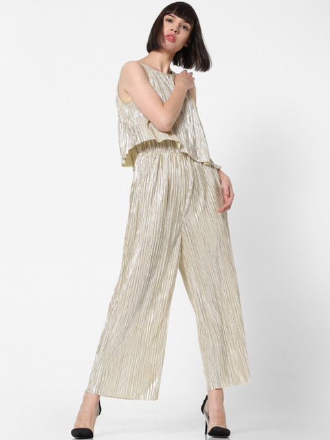 

ONLY Women Beige & Silver-Toned Self Design Basic Jumpsuit