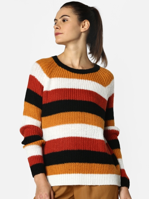 

ONLY Women Rust Red & Off-white Striped Pullover Sweater