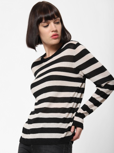 

ONLY Women Black & Off-White Striped Shimmery Pullover