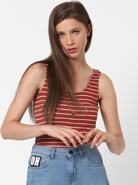 

ONLY Women Brown & Off-White Striped Scoop Neck T-shirt