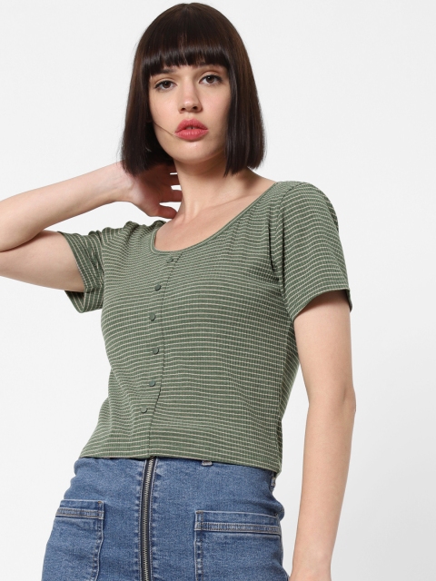

ONLY Women Olive Green & Beige Striped Top