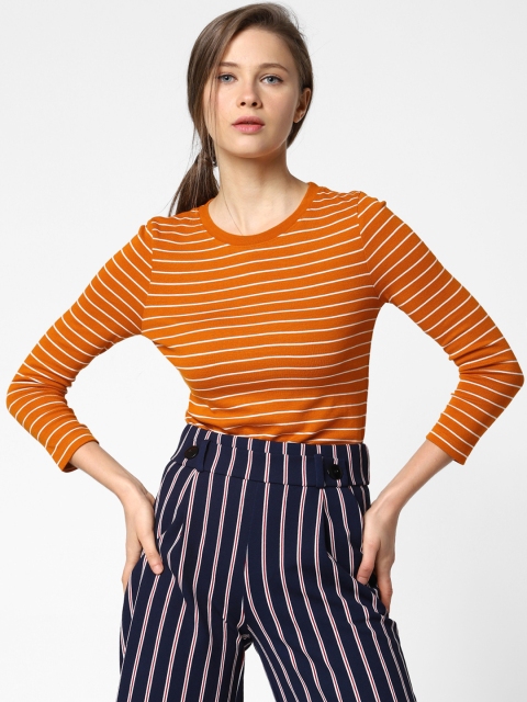 

ONLY Women Orange & White Striped Round Neck T-shirt