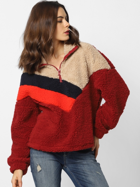 

ONLY Women Maroon & Beige Faux Fur Colourblocked Sweatshirt