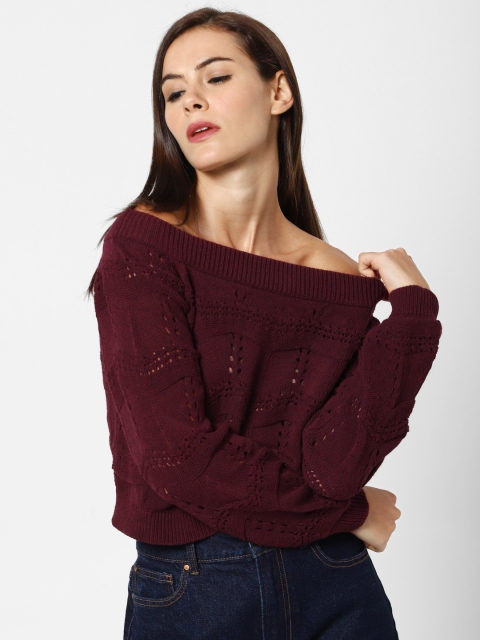 

ONLY Women Maroon Open Knit Off-Shoulder Pullover