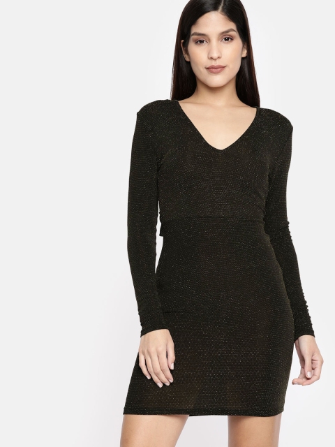 

ONLY Women Black & Gold-Toned Self Design Bodycon Dress