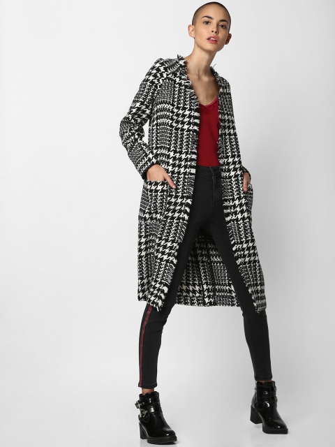 

ONLY Women Black & White Checked Knee Length Overcoat