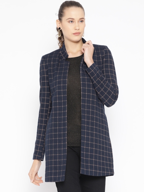 

ONLY Women Navy Blue & Brown Checked Front Open Coat