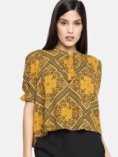 

ONLY Women Mustard Yellow & Black Printed Boxy Top