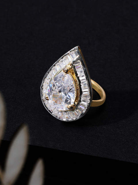 

Rubans Women Gold-Toned & White CZ Stone-Studded Adjustable Finger Ring