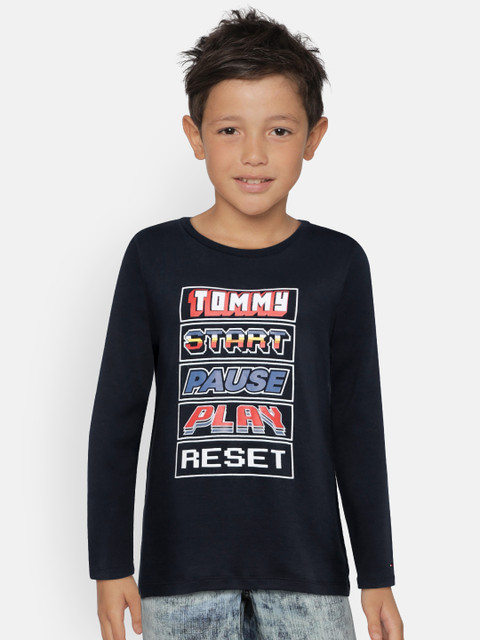 

Tommy Hilfiger Boys Navy Blue Printed Round Neck Pure Cotton T-shirt