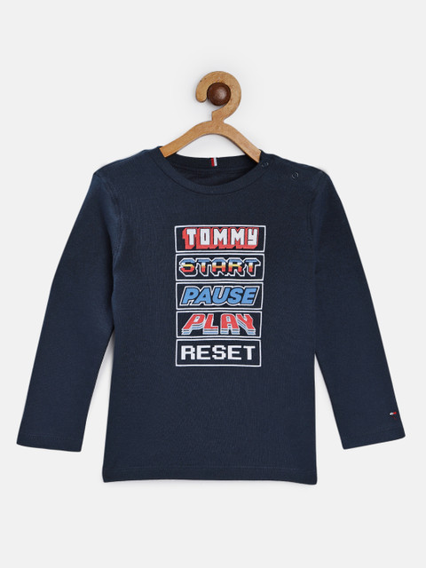 

Tommy Hilfiger Boys Navy Blue Printed Round Neck Pure Cotton T-shirt