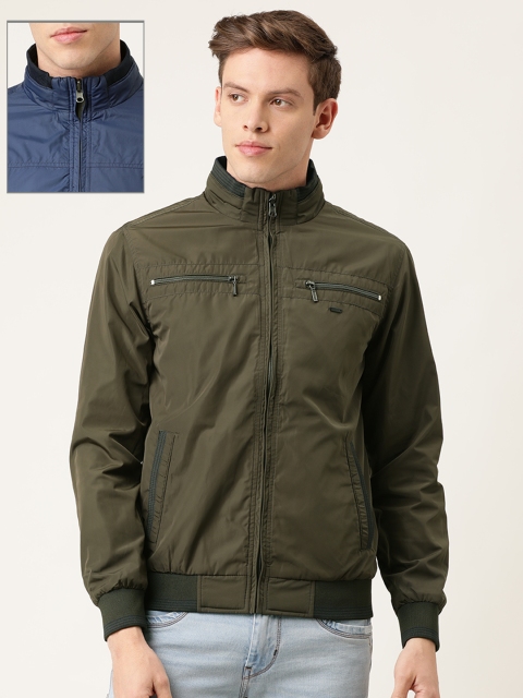 

Peter England Casuals Men Blue & Olive Green Solid Reversible Bomber Jacket