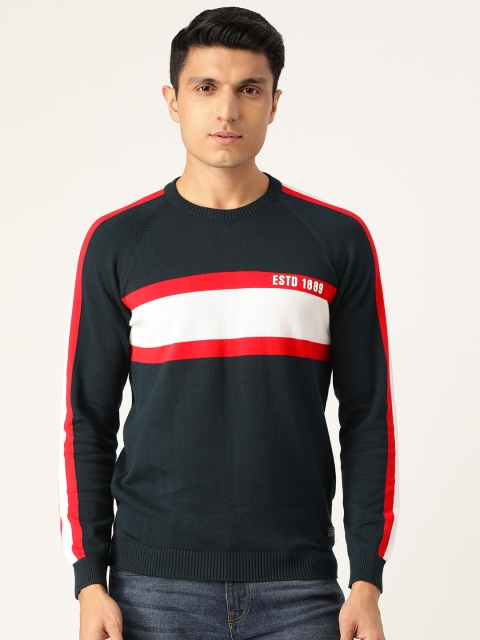 

Peter England Casuals Men Navy Blue Striped Pullover Sweater