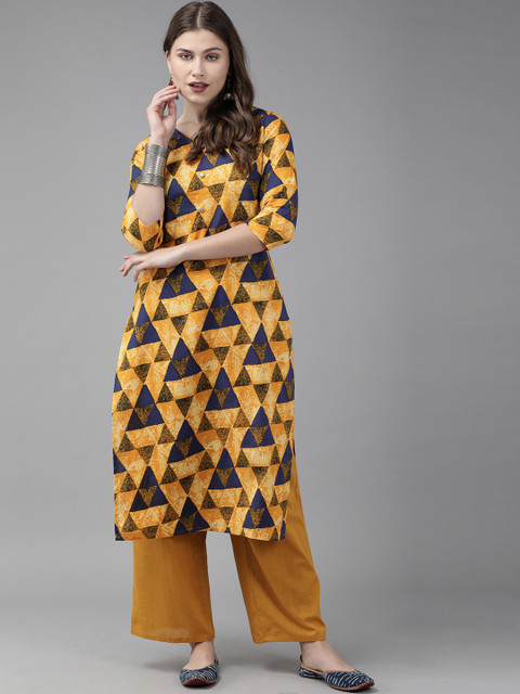 

Anouk Women Mustard Yellow & Navy Blue Printed Straight Kurta