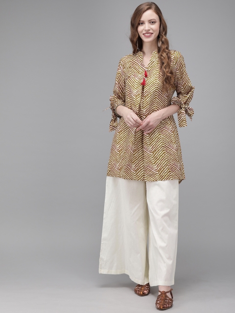 

Anouk Women Olive Green & Off-White Striped Kurti with Palazzos