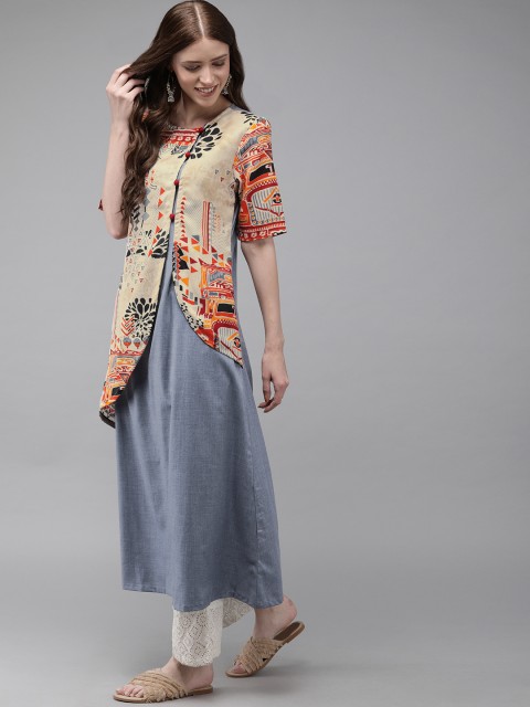 

Anouk Women Blue & Beige Printed A-Line Kurta