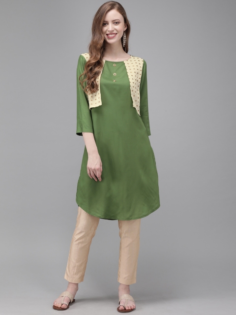 

Anouk Women Green Solid Straight Kurta With Ethnic Jacket