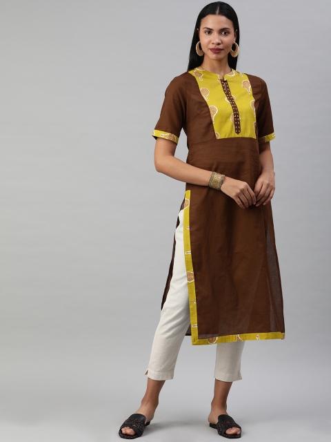 

Anouk Women Coffee Brown & Mustard Green Yoke Design Straight Kurta