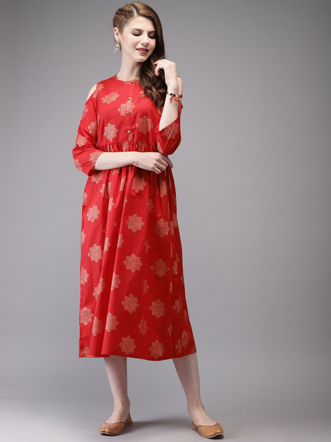 

Anouk Women Red & Golden Printed A-Line Fusion Kurta