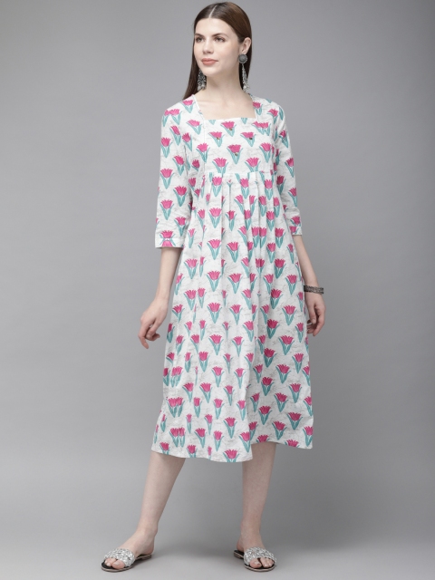 

Anouk Women Off-White & Pink Printed A-Line Fusion Kurta