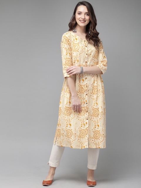 

Anouk Women Beige & Mustard Yellow Printed A-Line Kurta
