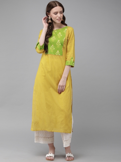 

Anouk Women Yellow & Green Yoke Design Straight Kurta