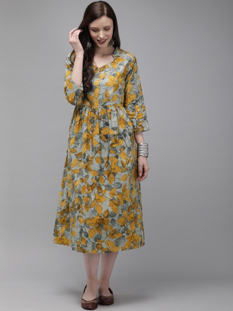 

Anouk Women Grey & Yellow Floral Print A-Line Fusion Kurta