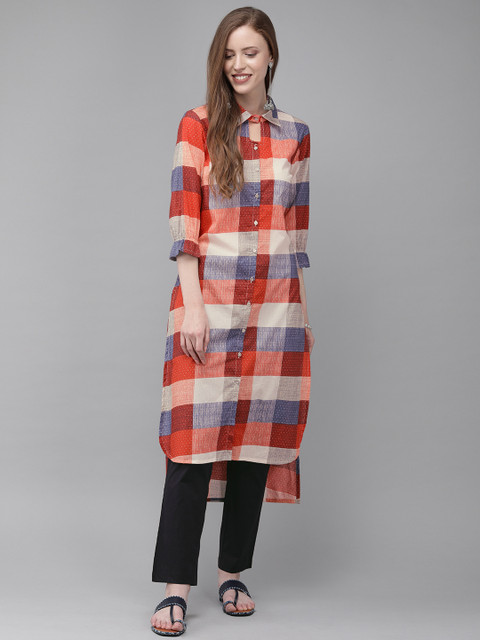 

Anouk Women Orange & Navy Blue Checked Kurta with Trousers