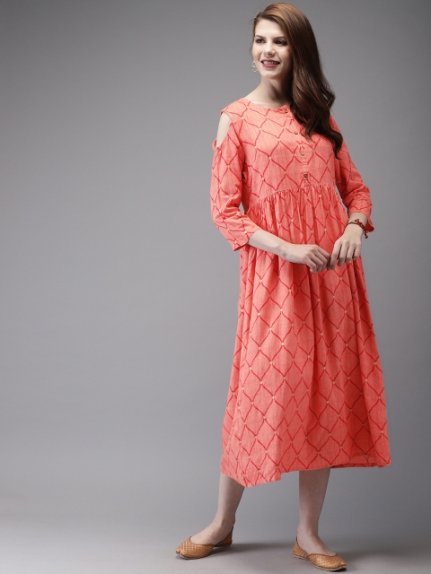 

Anouk Women Peach-Coloured & Red Printed A-Line Fusion Kurta