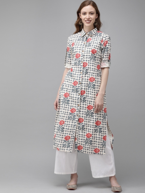 

Anouk Women Off-White & Navy Blue Printed A-Line Kurta