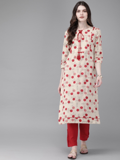

Anouk Women Off-White & Red Printed Straight Kurta with Trousers