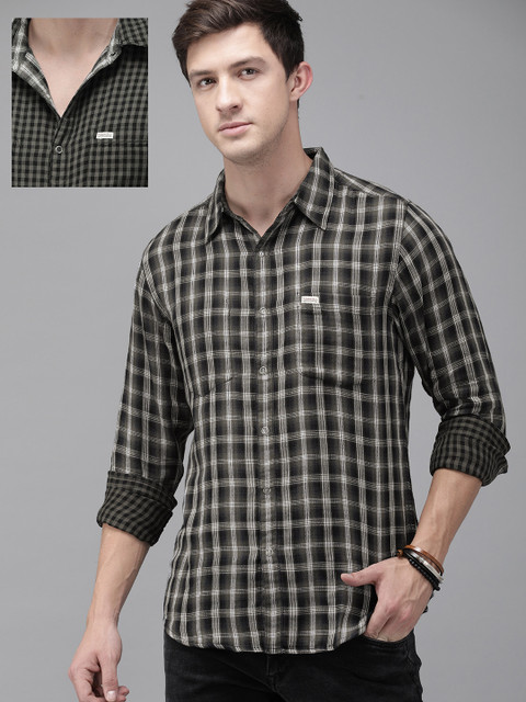 

The Roadster Lifestyle Co Men Black & Olive Green Regular Fit Checked Casual Reversible Shirt