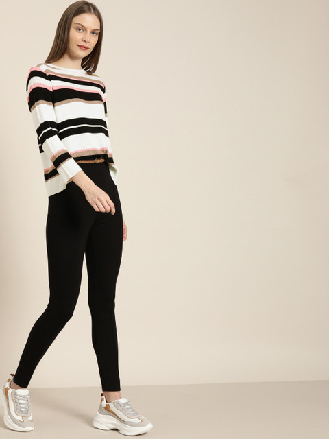 

her by invictus Women Off-White & Black Striped Pullover Sweater